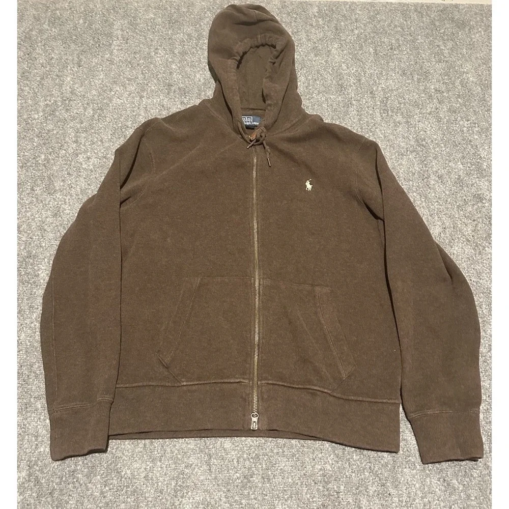Polo Ralph Lauren Double Zip Hoodie Brown Men's L Sweatshirt 100% Cotton Vintage
